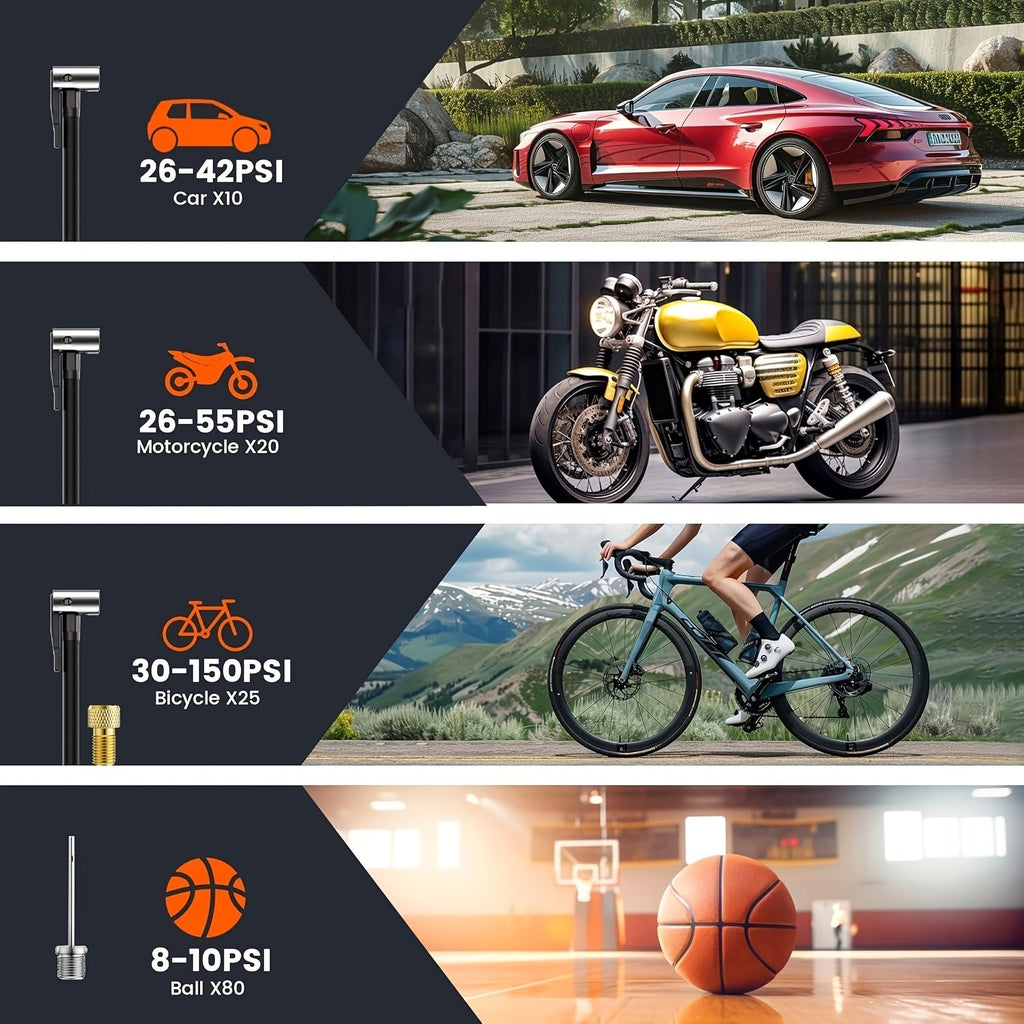 便携式充气泵 150PSI 无线空气压缩机 | 6000mAh 电池，3倍快速充气，LCD 压力表，自动关机，LED 灯，USB-C – 适用于汽车、摩托车、自行车及球类