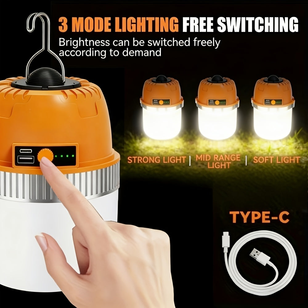 LED Camping Lantern USB Rechargeable with Built-In Power Bank, Ultra-Bright Portable Hanging Tent Light for Camping, BBQ, Patio, and Outdoor Emergency, Charges Mobile Phones, Freestanding & Hanging Design