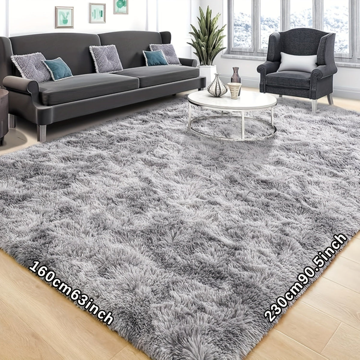 Ultra Soft Plush Tie-Dye Area Rug – Thick Fluffy 63”×90.5” Living Room & Bedroom Rug Easy Care in Light Gray Dark Gray Light Pink & Black