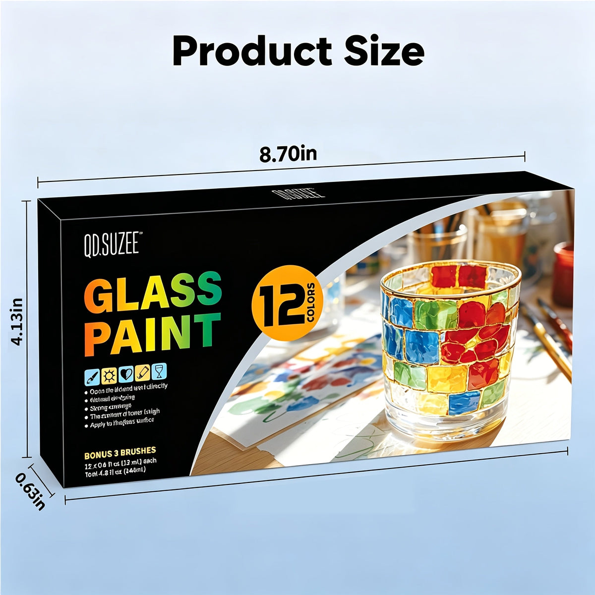 Glass Paint Set 12 Colors Non-Toxic Acrylic Stained Glass Painting Kit for Wine Glasses, Windows, Ceramic Mugs, ASTM Certified, Odorless, with 3 Brushes for Adults, Artists, and Beginners