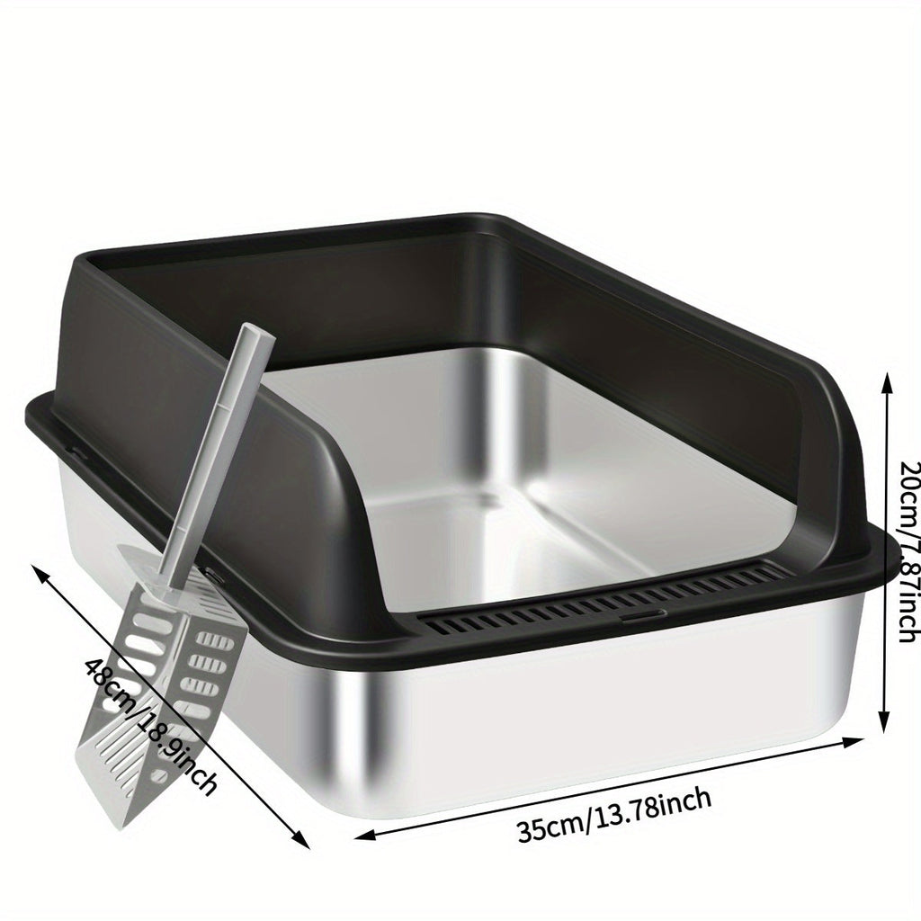Stainless Steel Cat Litter Box, High-Sided Anti-Leakage Metal Litter Pan with Scoop and Sifting Tray, Rust-Proof, Odor-Resistant, Non-Stick, Easy-Clean Indoor Cat Toilet for Medium to Large Cats
