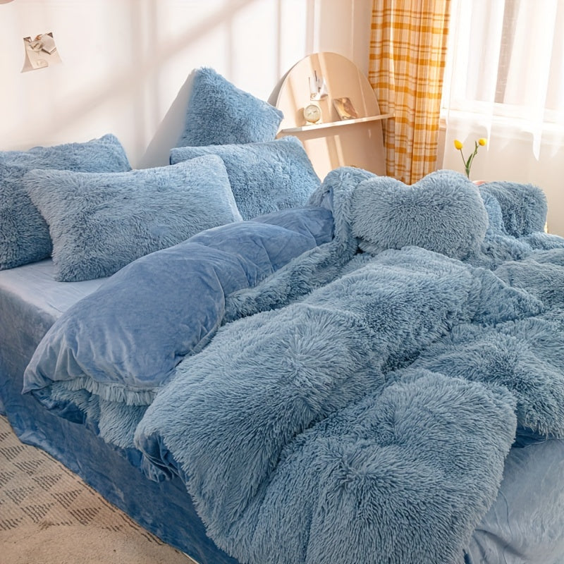 Plush Duvet Cover Set 3 Piece, Long Hair Knitted Polyester, Solid Color Fuzzy Comforter Cover with Zipper Closure, All-Season Soft Cozy Bedding Set for Bedroom, Multiple Colors Available