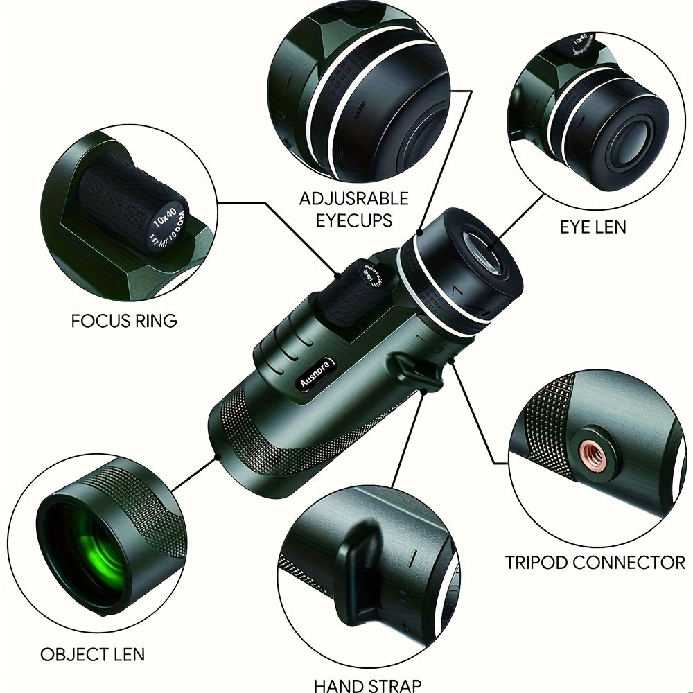 AUSNORA 10x40 HD Monocular Telescope – FMC Coating Manual Focus Lightweight Compact & Portable for Bird Watching Hiking Camping & Travel in Black & Green
