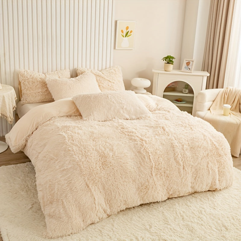 Plush Duvet Cover Set 3 Piece, Long Hair Knitted Polyester, Solid Color Fuzzy Comforter Cover with Zipper Closure, All-Season Soft Cozy Bedding Set for Bedroom, Multiple Colors Available