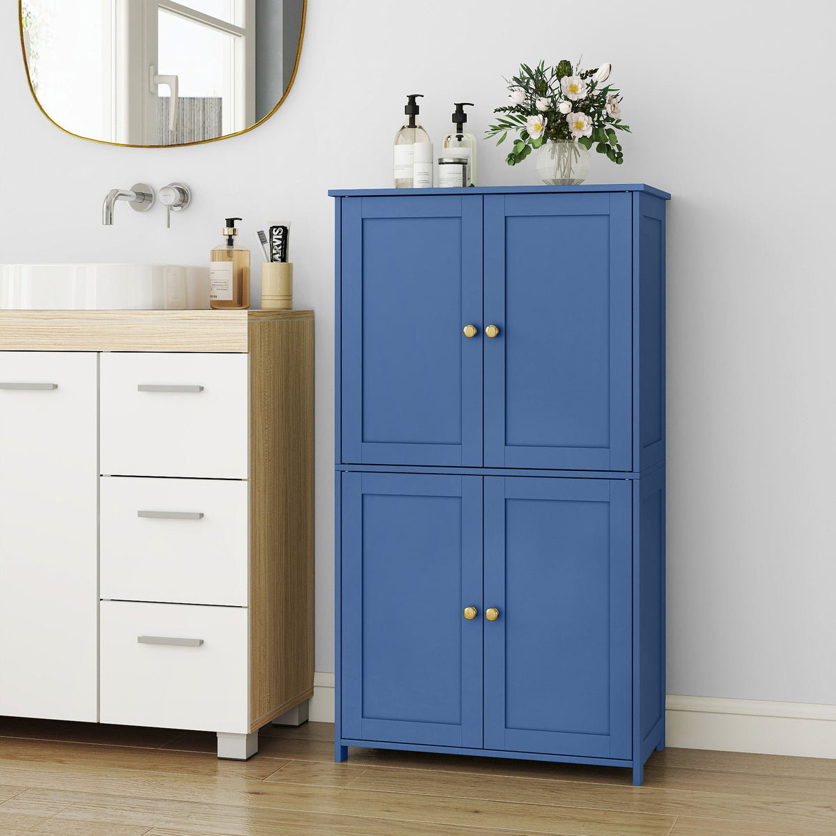 Shaker Style Floor Cabinet with 4 Doors & 2 Adjustable Shelves – Tall Freestanding Storage Organizer for Kitchen, Bathroom & Living Room, Spacious Cupboard Unit in Green White Blue – Nova Mart