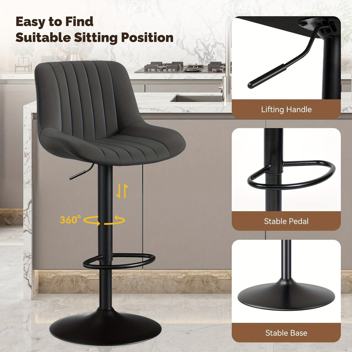 Adjustable Swivel Upholstered Counter Height Bar Stool with Back & Footrest – Kitchen Island Counter Chair in 6 Colors (Set of 1 2 3 or 4)