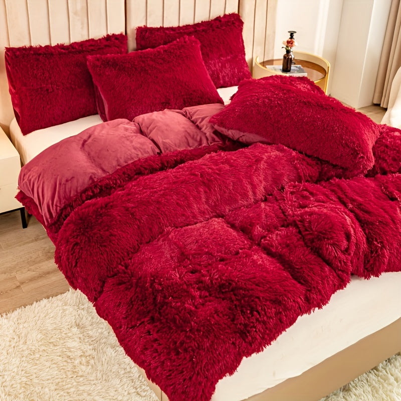 Plush Duvet Cover Set 3 Piece, Long Hair Knitted Polyester, Solid Color Fuzzy Comforter Cover with Zipper Closure, All-Season Soft Cozy Bedding Set for Bedroom, Multiple Colors Available