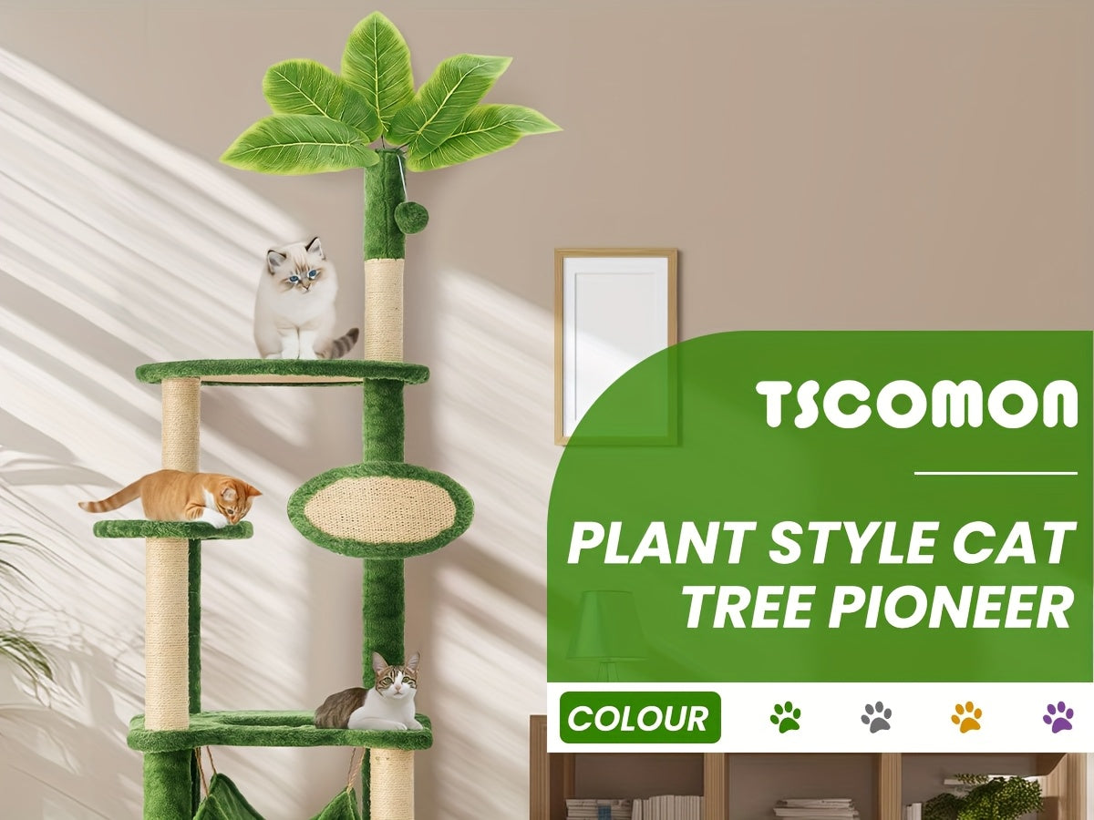 55-Inch Cat Tree for Indoor Cats with Green Leaves – Multi-Level Large Cat Tower with Hammock, Sisal Scratching Posts, Hanging Ball Toy, and Cat Furniture for Living Room or Bedroom