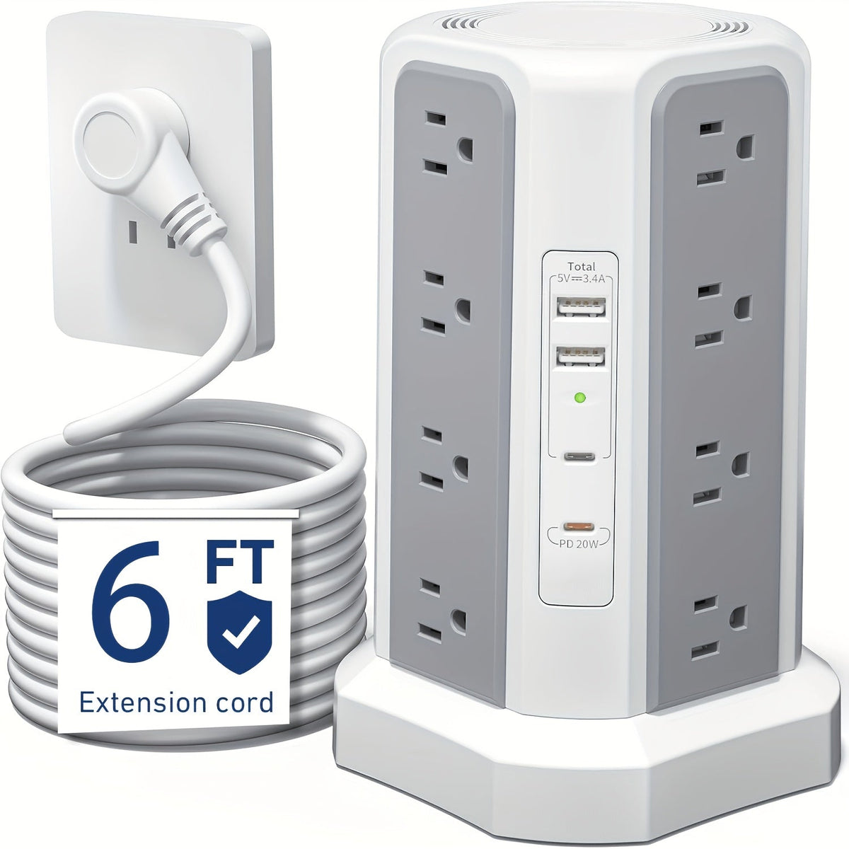 Power Strip Tower, 16 AC Outlets, 5 USB Ports, USB-C PD 20W, 1500J Surge Protector, Flat Plug Desktop Extension Cord