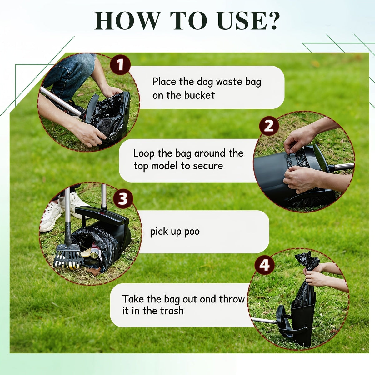 Heavy Duty Dog Pooper Scooper Set with Swivel Bin, Rake & Spade – Long Handle Pet Waste Removal Tool for Grass, Dirt & Gravel, Includes 40 Waste Bags, Great for Large Dogs