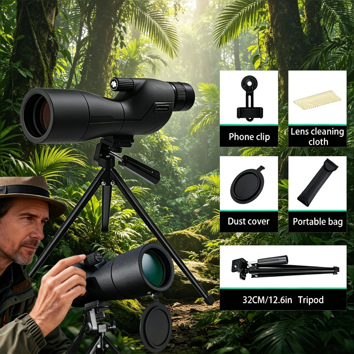 25-75x60 Portable Spotting Scope with Tripod & Phone Adapter - High Magnification Angled Eyepiece Monocular Telescope for Bird Watching, Shooting, Wildlife Viewing, Outdoor Travel & Camping