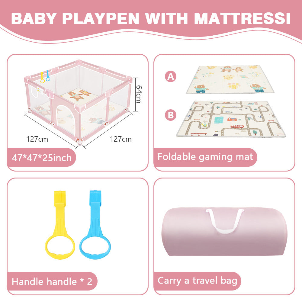 Extra Large Baby Playpen Indoor & Outdoor Kids Activity Center Breathable Mesh Anti-Slip Skin-Friendly Toddler Play Yard – Black & Pink