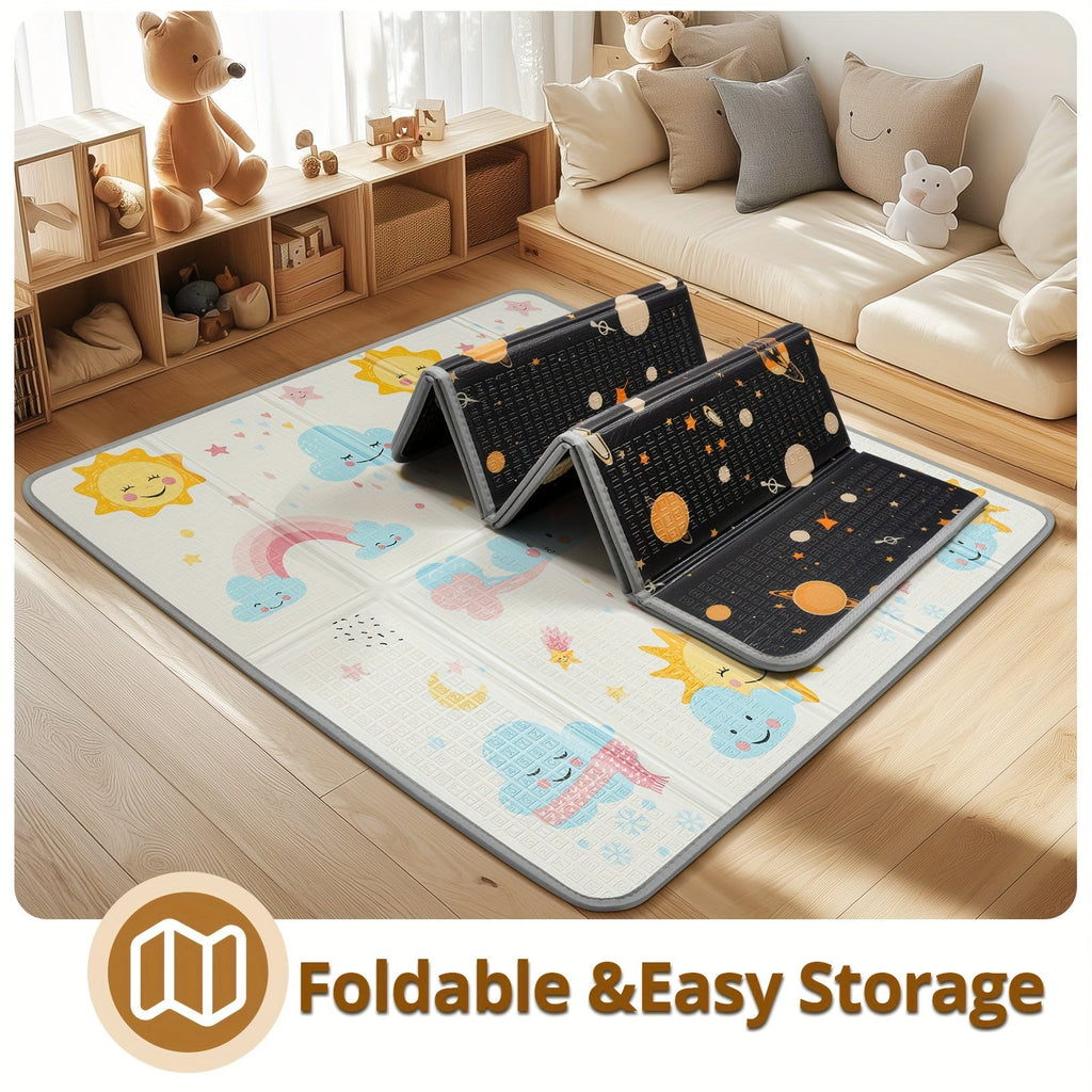 Foldable Safety Foam Baby Play Mat, 50 × 50 × 0.4 Inch Thick Reversible Double-Sided Portable Playpen Floor Mat, Soft Cushioned Baby Activity Mat for Infants & Toddlers, Sun & Planets