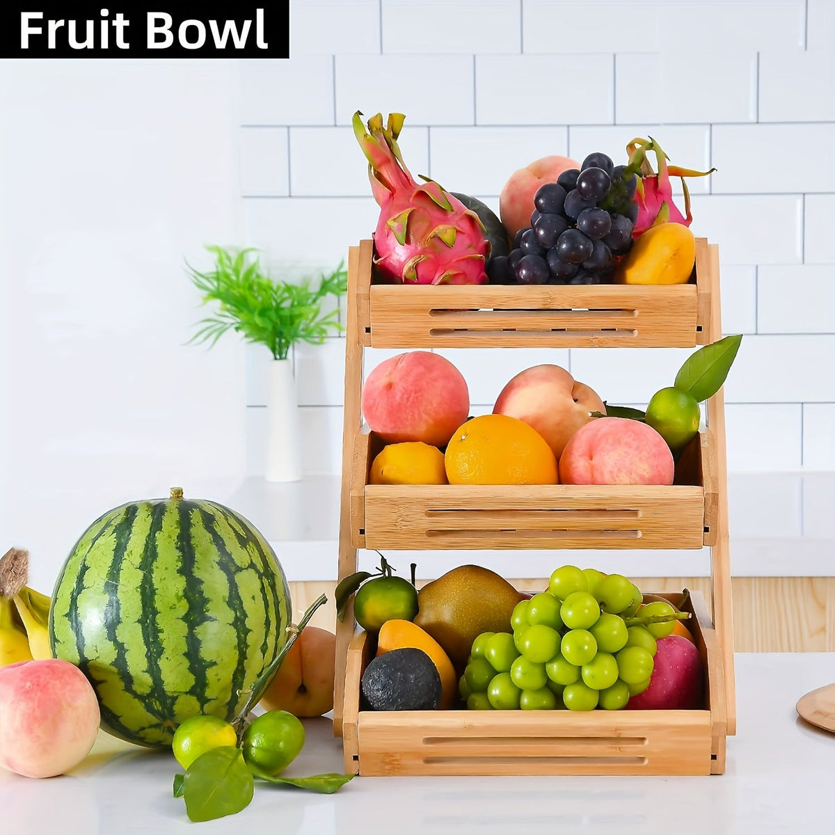 2 & 3-Tier Wooden Fruit Basket Stand - Countertop Kitchen Organizer, Open Slat Airflow Design, Banana Hooks & Non-Slip Pads - Fruits, Vegetables, Bread & Produce - Easy Assembly - Natural Wood Finish