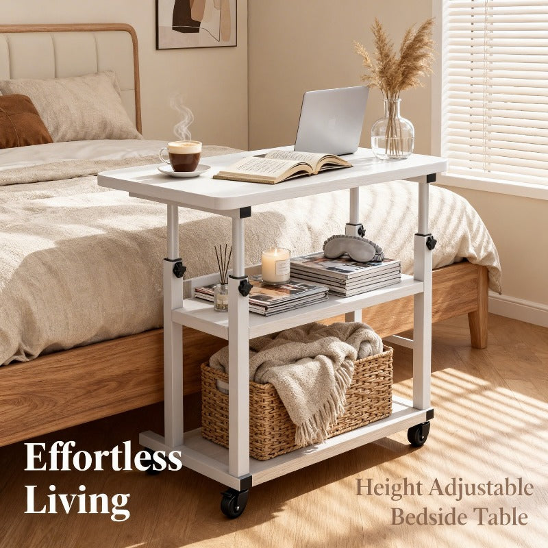 Rolling Bedside Desk, Height Adjustable 23-35 Inches, with Storage Shelf and Omnidirectional Wheels, for Home, Bedroom, Office Laptop Table