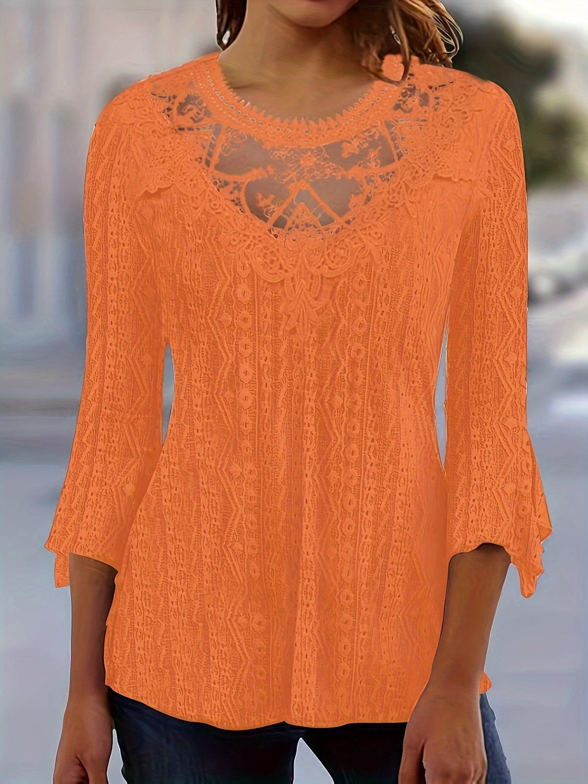 Women's Contrast Lace Trim Long Sleeve Blouse – Sexy Semi-Sheer Round Neck Elegant Pullover Top for Spring, Summer, and Fall in Black, White & Orange-Red