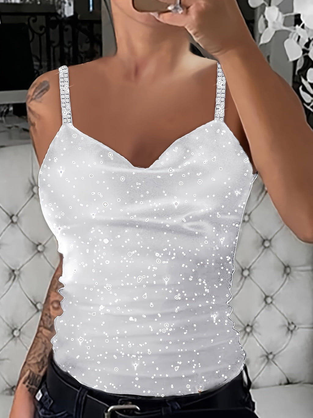 Women's Sequin Rhinestone Strap Cami Top Sexy V-Neck Sleeveless Tank Top Glam Party Night Out Tops Spring Summer Fall S M L XL XXL