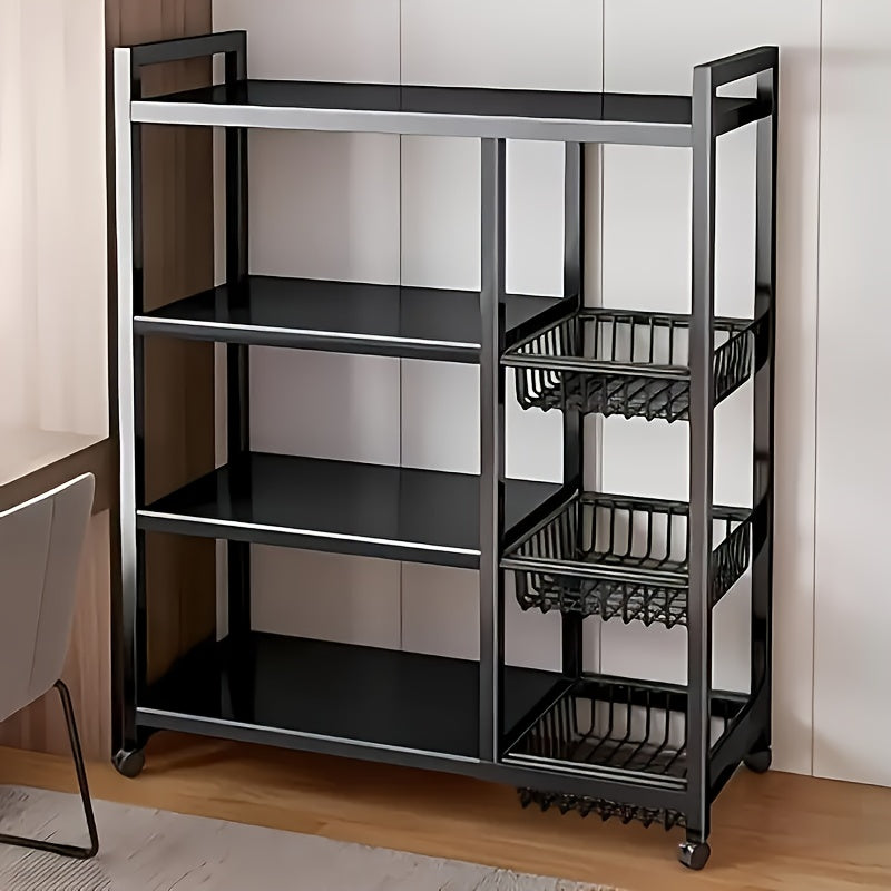 4-Tier Rolling Storage Rack with Wire Baskets & Wheels – Adjustable Metal Shelf for Kitchen, Pantry, Garage, Bathroom, and Closet, Movable Standing Organizer, Housewarming Gift