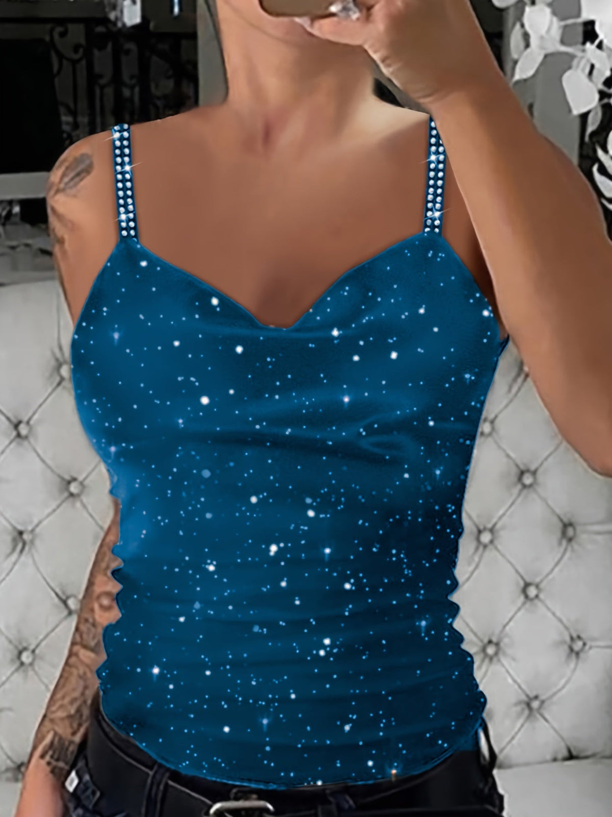 Women's Sequin Rhinestone Strap Cami Top Sexy V-Neck Sleeveless Tank Top Glam Party Night Out Tops Spring Summer Fall S M L XL XXL