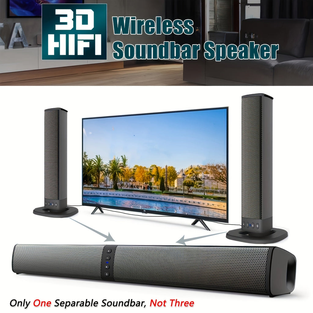 2-in-1 Detachable Soundbar - 20W, Bluetooth/TF/AUX/FM/RCA/TWS, Wireless Flat & Wired Tower Modes, Volume Control - TV, PC, Gaming & Projectors - Black