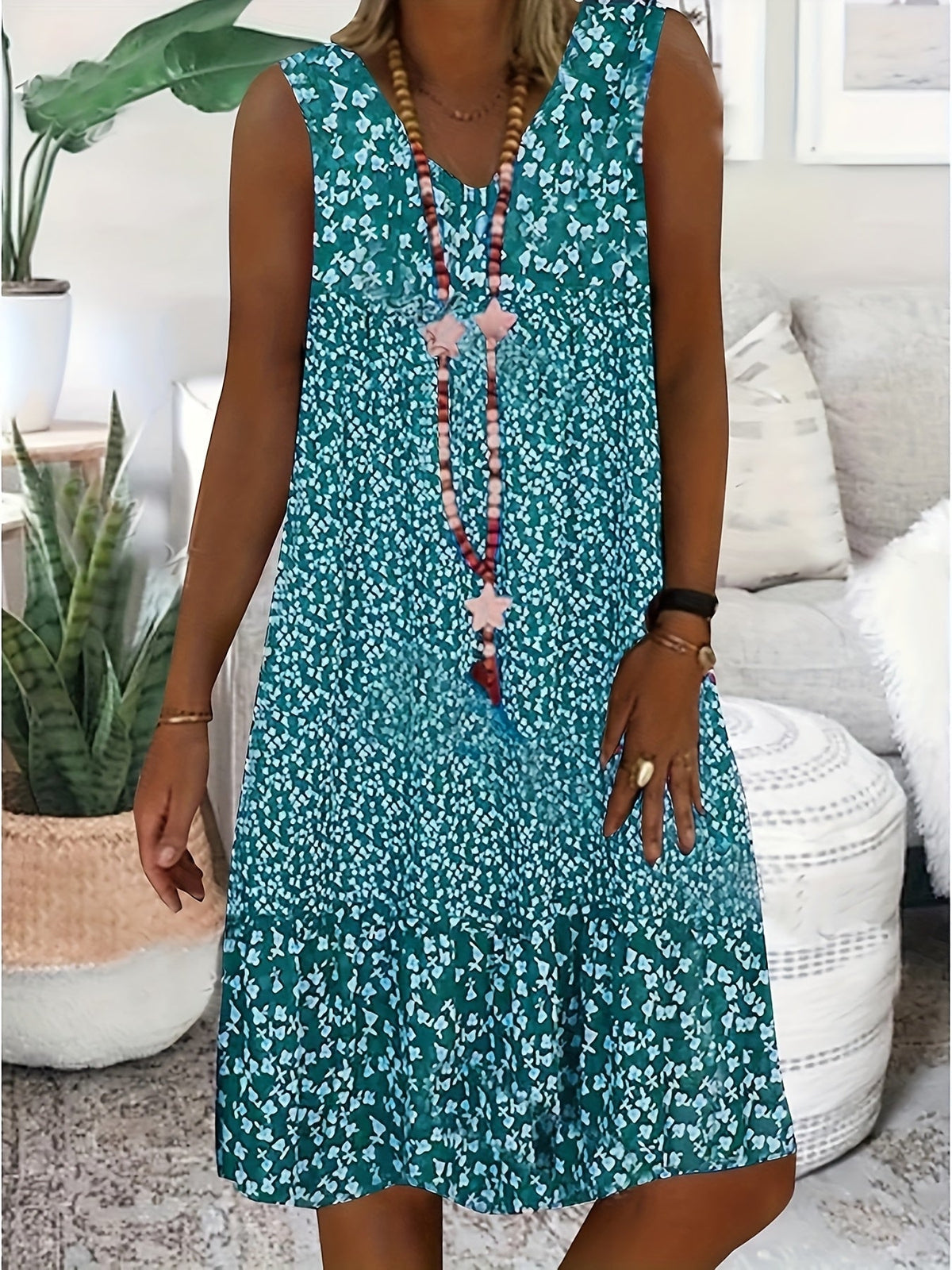 Women's V-Neck Sleeveless Summer Floral Print Casual Sundress, Loose Fit Beach Vacation Dress for Women S M L XL XXL