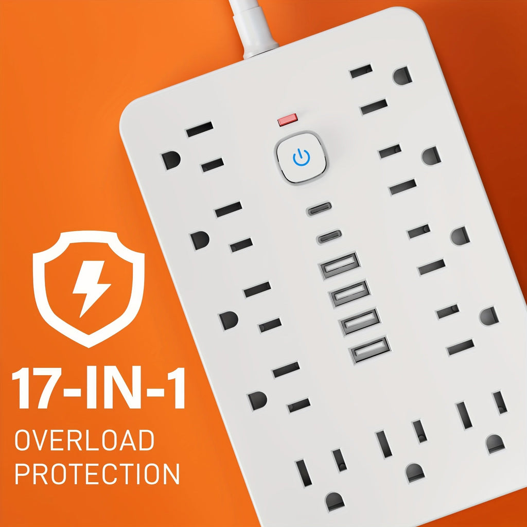 17-in-1 Power Strip Surge Protector with 11 AC Outlets, 4 USB Ports, and 2 USB-C Ports, Flat Plug Design, Space-Saving Extension Cord for Home, Office, Desk, and Kitchen, 5ft/10ft Cord