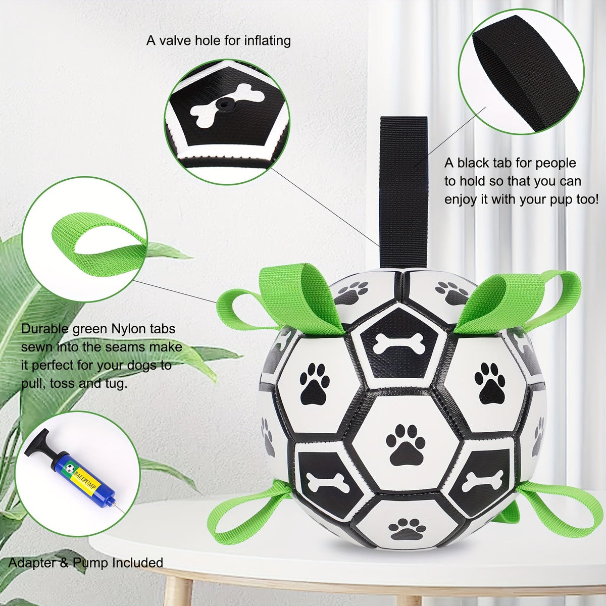 Soccer Ball Dog Toy with Straps – Durable Tug of War & Water Play Toy for Small & Medium Dogs, Includes Inflation Needle, Perfect Christmas & Birthday Gift for Puppies