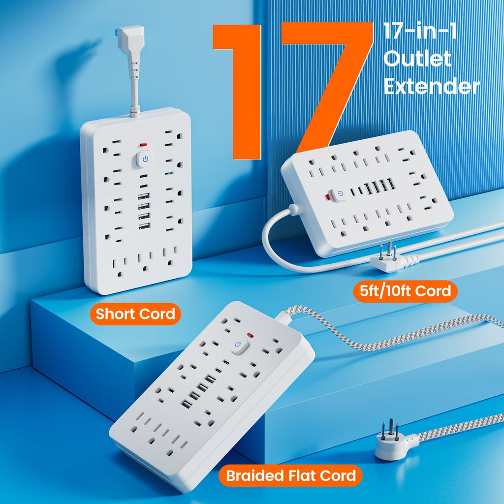 防雷防涌排插 11个AC插孔 | 4个USB-A & 2个USB-C端口，过载保护，短线/5英尺/10英尺延长线 – 家用、办公、桌面及校园多插口电源排插 – 白色 & 黑色