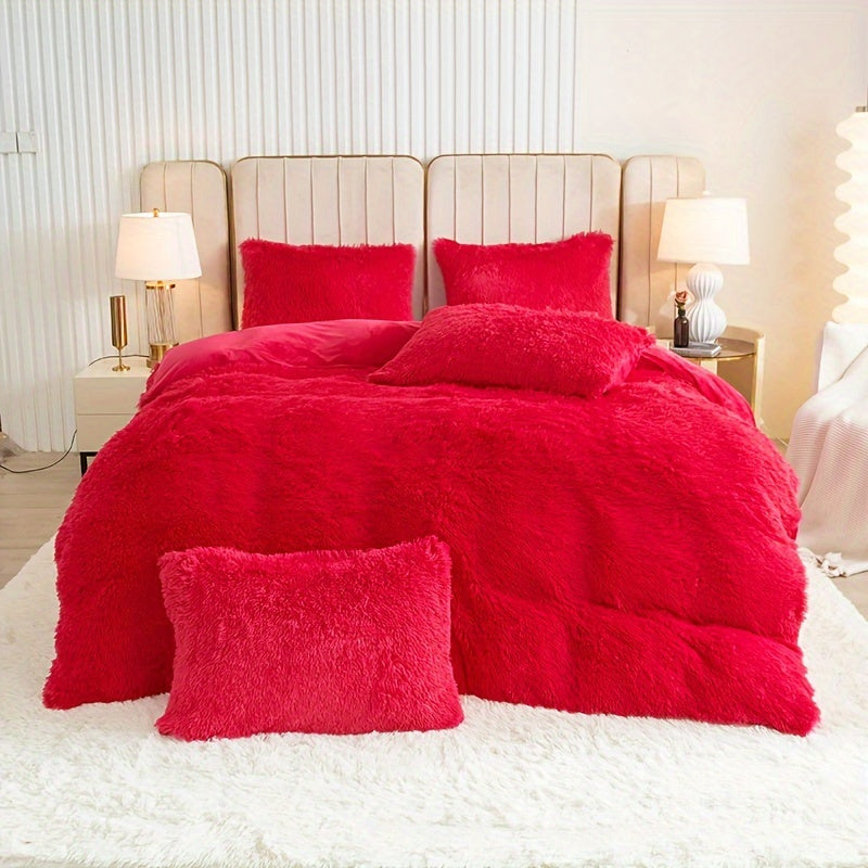 Plush Duvet Cover Set 3 Piece, Long Hair Knitted Polyester, Solid Color Fuzzy Comforter Cover with Zipper Closure, All-Season Soft Cozy Bedding Set for Bedroom, Multiple Colors Available