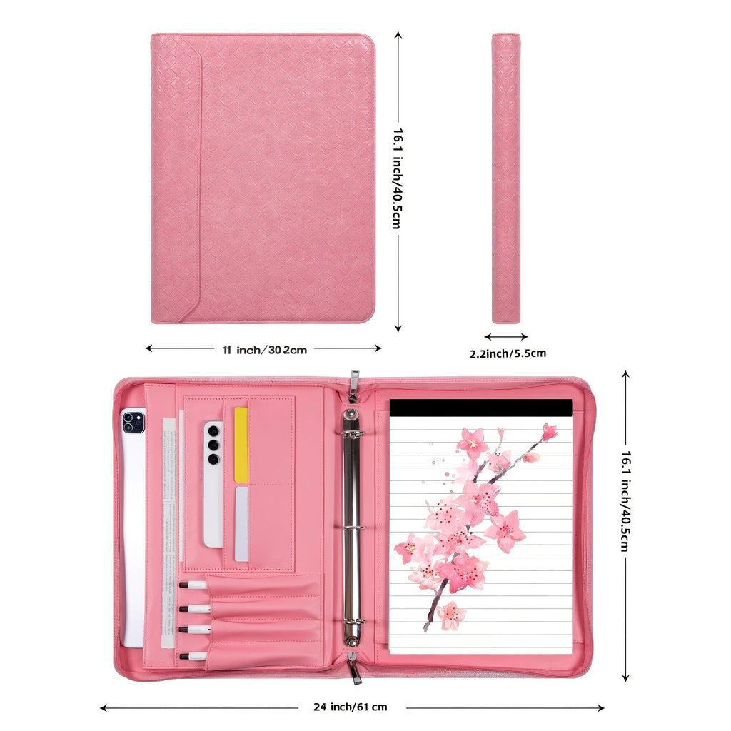 Vegan Leather Portfolio Binder, 3-Ring Zippered A4 Legal Document Organizer with Laptop Pocket for Women and Men