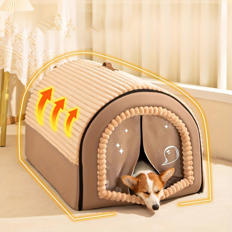 Foldable 2-in-1 All-Season Cave Dog Bed – Fully Enclosed Covered Pet House with Handle, Soft Fluffy Non-Slip Washable Nest for Large, Medium & Small Dogs and Cats – Free Drool Bib – Velora