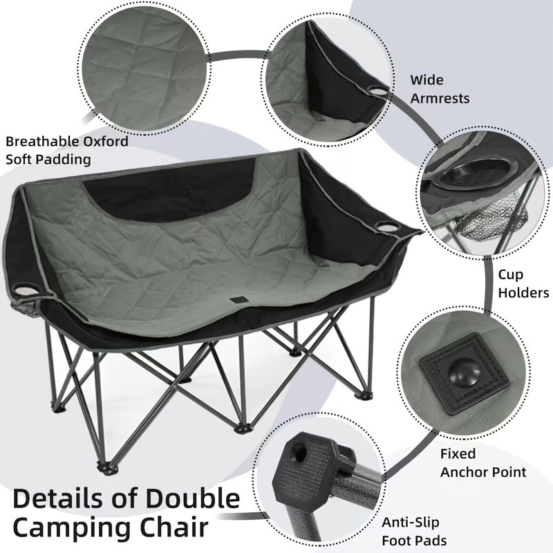 2-Person Oversized Camping Chair – Heavy-Duty Padded Outdoor Loveseat with Cup Holders Armrests & Carry Bag Portable Collapsible for Beach Picnic Backyard BBQ & Camping in Blue Beige Orange & Grey