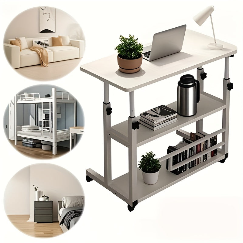 3-Tier Rolling Folding Desk with Wheels, Height-Adjustable and Expandable Desktop, Storage Shelf for Laptop, Study, Home Office, Bedroom, Living Room Computer Table