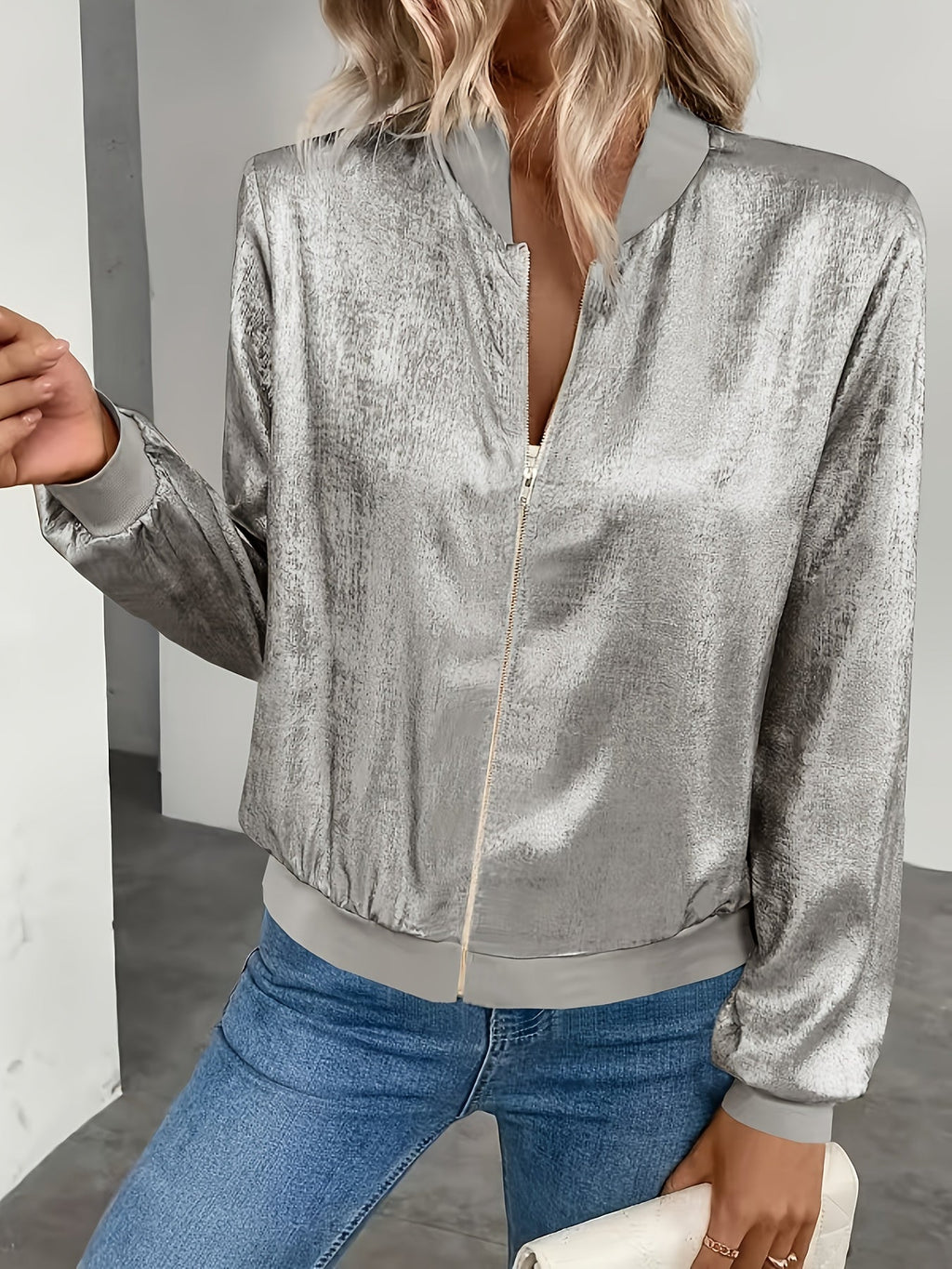 Women's V-Neck Zip-Up Lightweight Jacket – Casual Versatile Short Outer Coat, Solid Color Spring Summer Woven Cardigan, European and American Style, Sizes XS-XXL, Beige Pink Purple