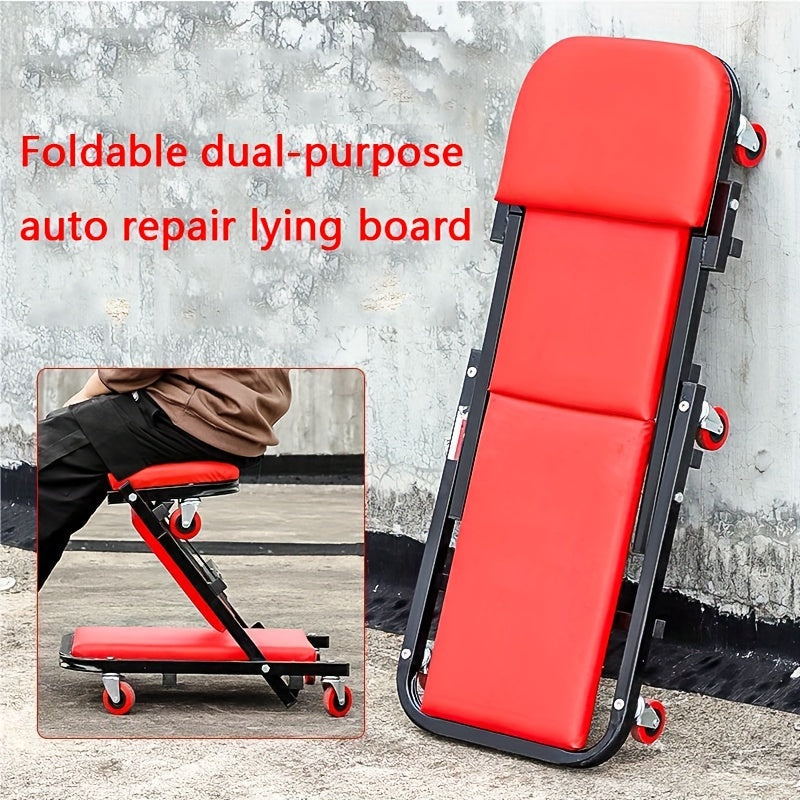 Foldable 2-in-1 Mechanic Creeper & Rolling Seat 300LB | 36-Inch Z-Crawler with 6 Swivel Casters, Adjustable Headrest, Folding Car Repair Creeper for Garage Workshop – Black & Red