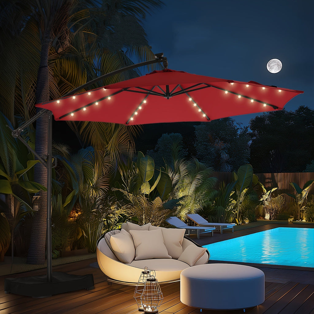 10ft Solar LED Offset Cantilever Patio Umbrella with Base, UPF50+ UV Protection, 32 LED Lights, 8-Rib Steel Frame, Easy Tilt & Crank, Wind-Resistant, for Garden Deck Backyard Pool