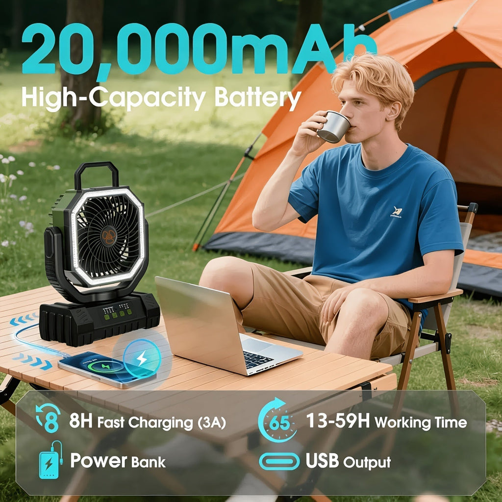 20000mAh Camping Fan with Remote Control, LED Light, Oscillating, 4 Speeds, Timer, and Power Bank - Rechargeable Tent Fan for Camping, Picnic, BBQ, Fishing, and Outdoor Use