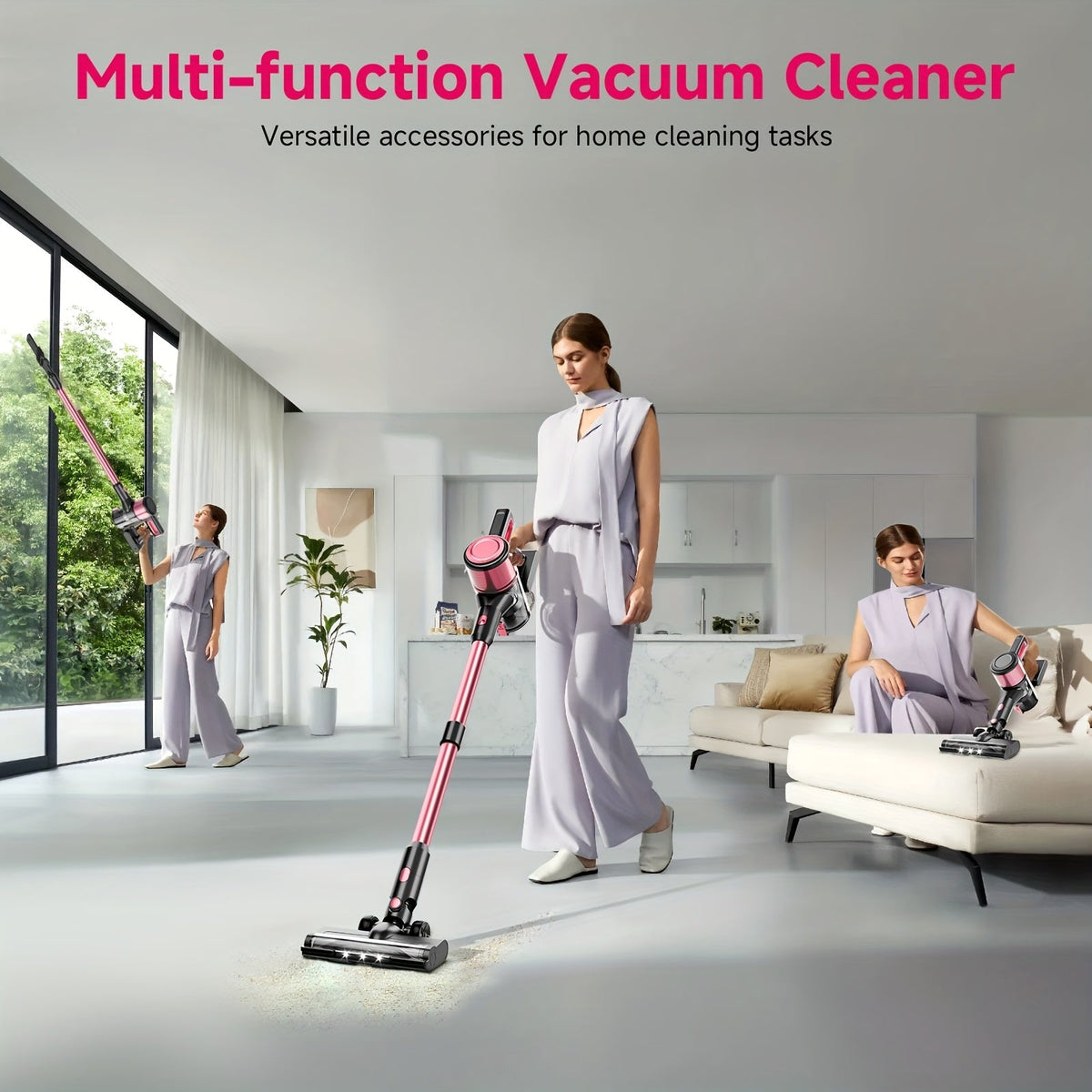 Cordless Vacuum Cleaner 8-in-1 Lightweight Wireless Stick Vacuum for Hardwood Floor, Carpet & Pet Hair, Home Essential Cleaning Gadgets for Housekeeping, Golden Black Pink White Yellow