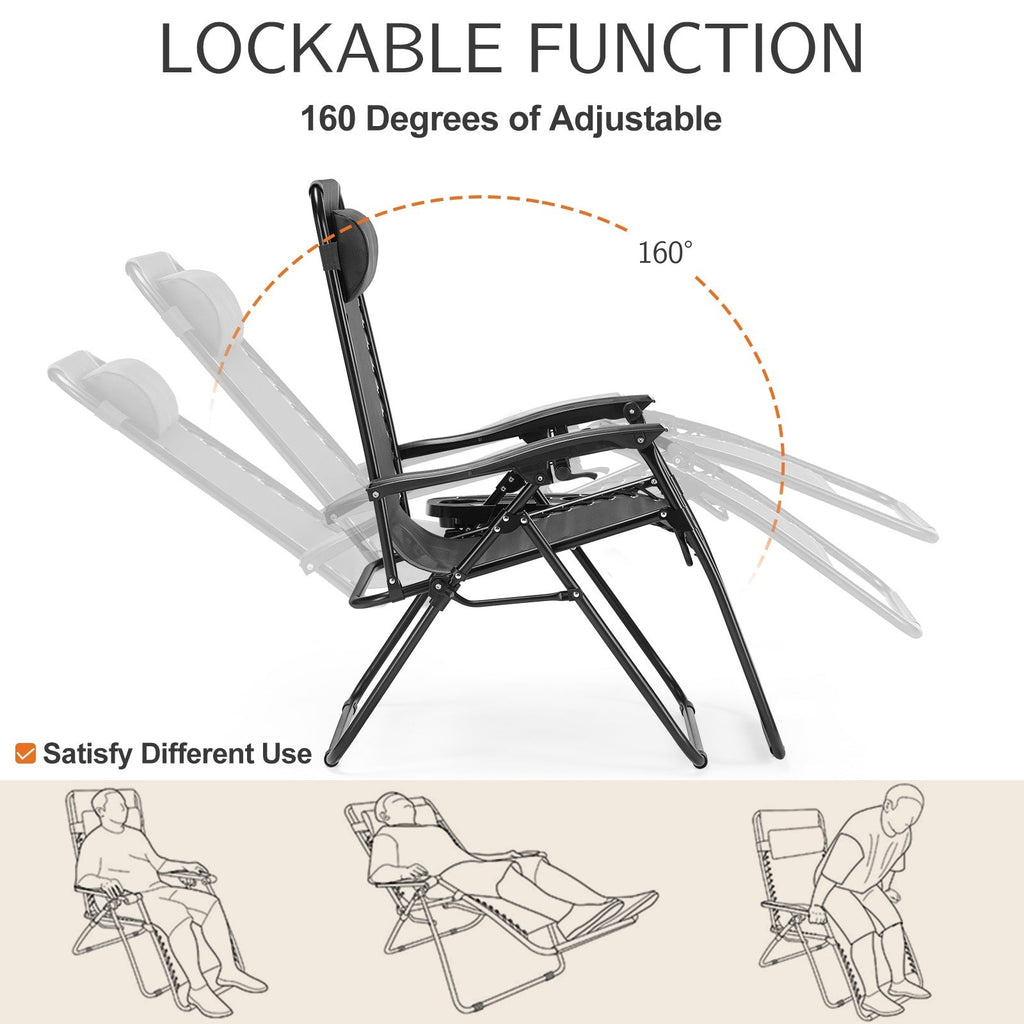 Outdoor Zero Gravity Reclining Chair with Cushion & Cup Holder – Foldable Padded Metal Frame Lounge Chair for Beach Camping Grass (1 or 2 Pack)