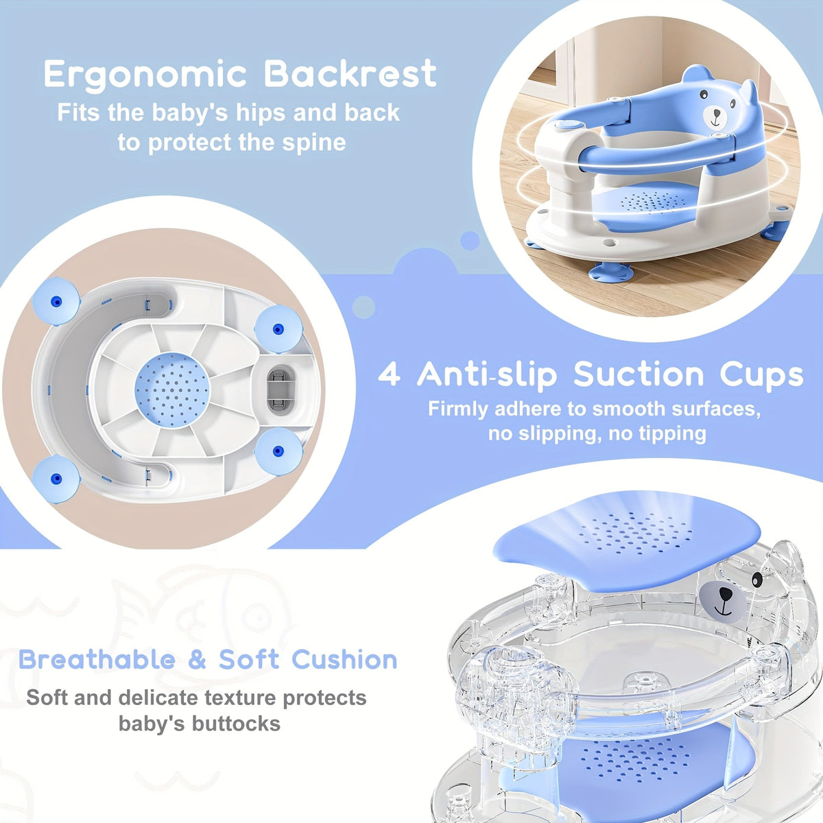 Baby Bath Seat for Babies 6 Months & Up, Non-Slip Infant Bathtub Chair with 4 Suction Cups & Soft Cushion, Compact Toddler Bath Seat for Sitting Up in Tub or Shower, Boys & Girls