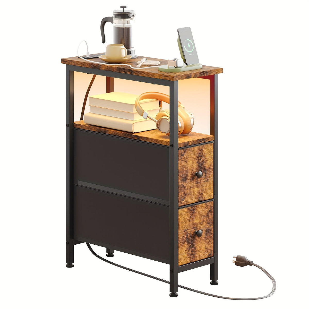TOMNK Narrow End Table with Charging Station 2 Fabric Drawers Slim Nightstand & Skinny Side Table for Bedroom Living Room Small Spaces & Couch – Black or Brown