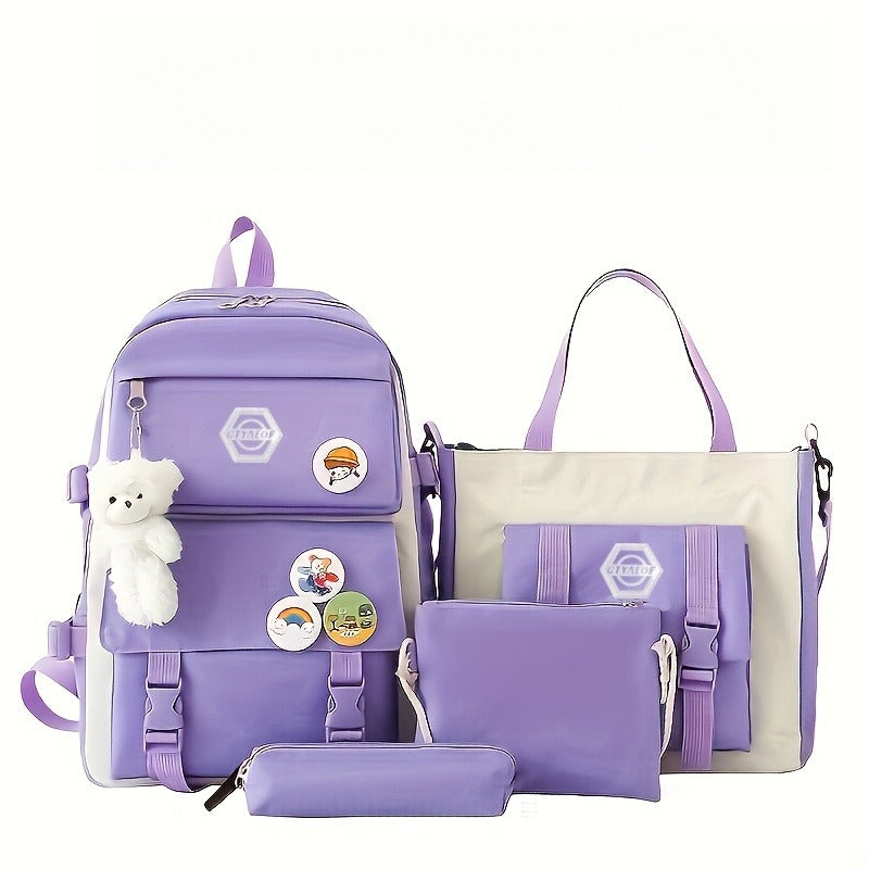 5-Piece Girls' School Backpack Set: Cute, Lightweight Daypack with Tote Bag, Pencil Case & Coin Purse - Durable Student Backpack for School, Hiking & Casual Use