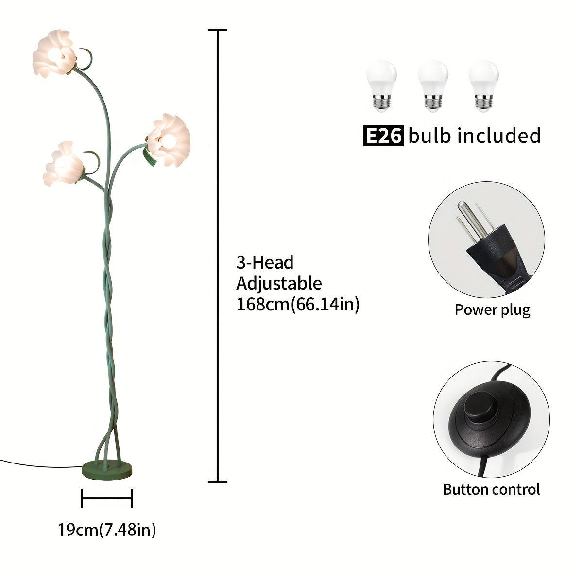 Vintage 3-Head Flower Floor Lamp 3 Color Modes Dimmable LED Standing Lamp Adjustable Gooseneck Reading Light for Living Room Bedroom Office Home Decor