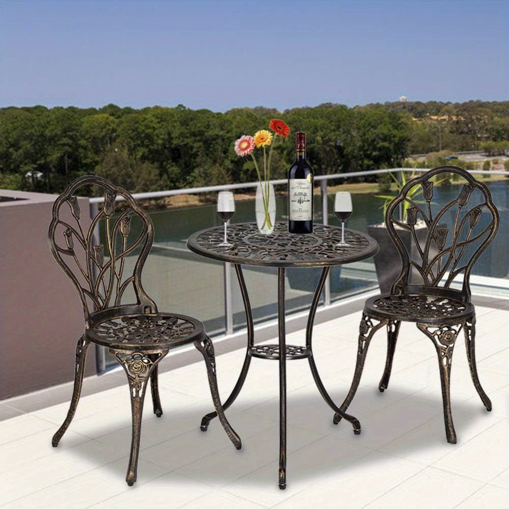 Bonnlo 3-Piece Cast Aluminum Patio Bistro Set Tulip Design Rust-Resistant Outdoor Table & 2 Chairs with Adjustable Feet for Backyard Patio Garden & Balcony – Brown