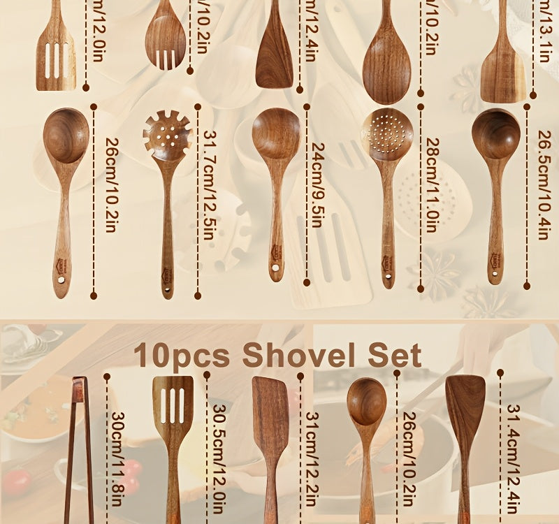 10-Piece Natural Teak Wooden Kitchen Utensils Set - Cooking Spoons, Spatulas & Turner, Non-Stick Safe, Heat Resistant, Eco-Friendly Wood Cookware Tools for Home Kitchen