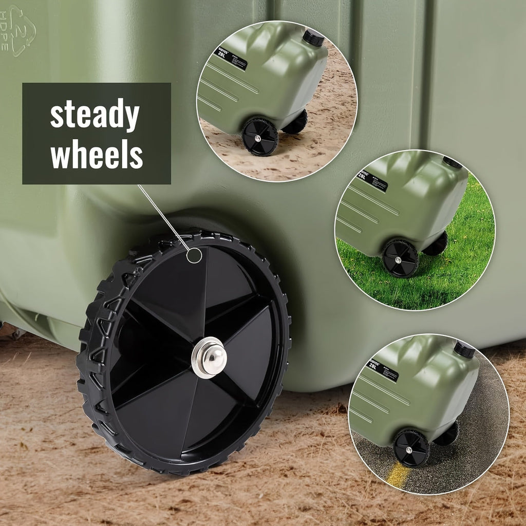 7.4 Gallon Portable Water Tank with Wheels - Large Capacity Durable PE Square Water Container for Camping, Hiking & Picnics - Khaki, Green, White & Black
