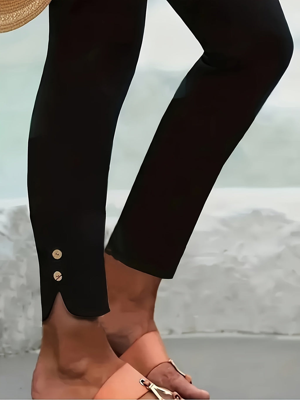 Women's Tummy Control Stretch Capri Pants, Elastic Tie with Coconut Button, Ankle Length - Slimming Casual/Semi-Casual Leggings for Spring, Summer, and Fall, Machine Washable
