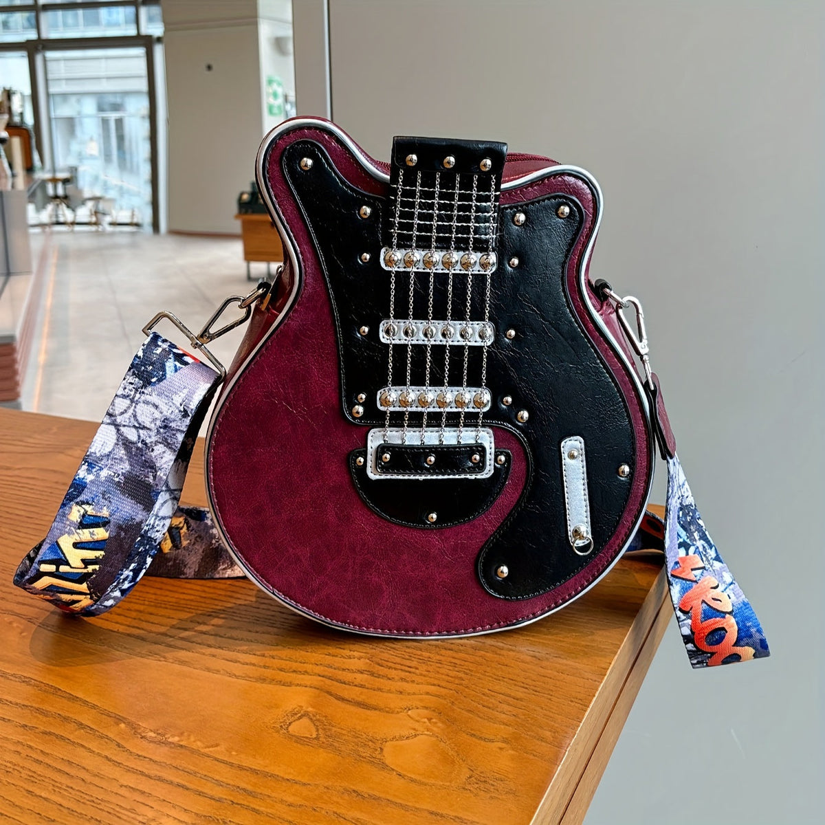 Y2K Retro Guitar Shaped Bag - Crossbody & Shoulder Bag with Chain Rivet Decoration, Color Contrast, Wide Strap, Street Style for Women & Unisex - Yellow, Red, Blue & Black