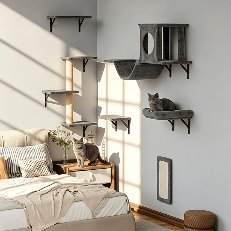 7-Piece Wall-Mounted Cat Climbing Shelf Set – Deluxe Indoor Cat Furniture with Cat Condo, Wall Shelves, Scratching Post, Bridge Ladder & Tunnel, Space-Saving Cat Wall Playground for All Cat Sizes