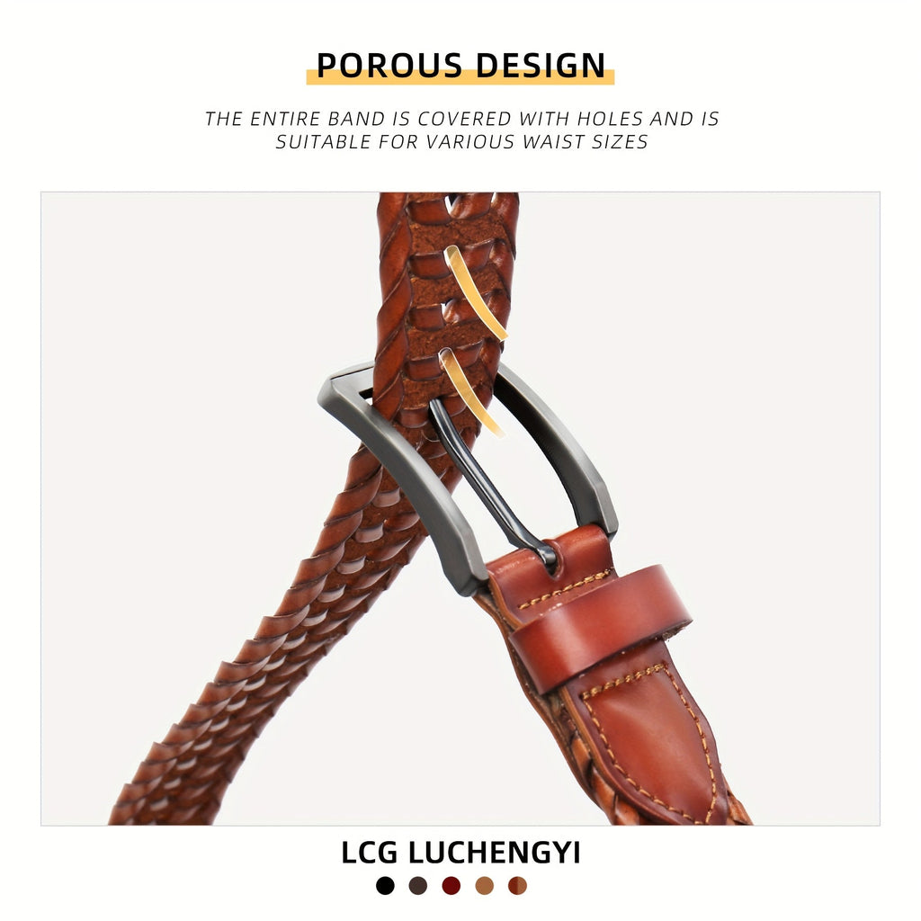 Men's Leather Braided Belt – Woven Hollow Design with Gold Zinc Alloy Buckle, Casual Dress Belt for Golf Pants, Jeans, and Everyday Wear, Sizes 34" to 50", Great Gift for Dad